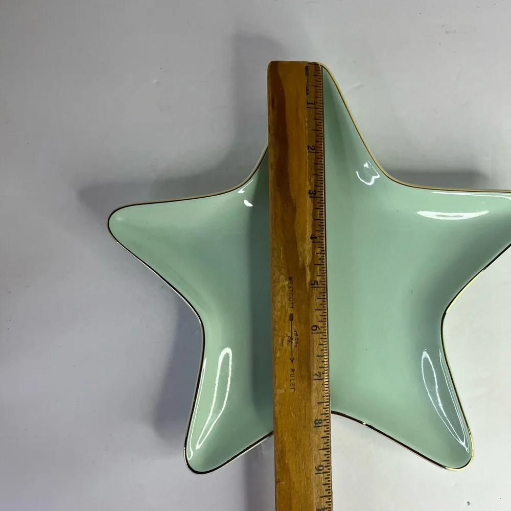Ciroa Luxe Stoneware Star Candy‎ Nut Dish with Gold Trim Ceramic Pale Green